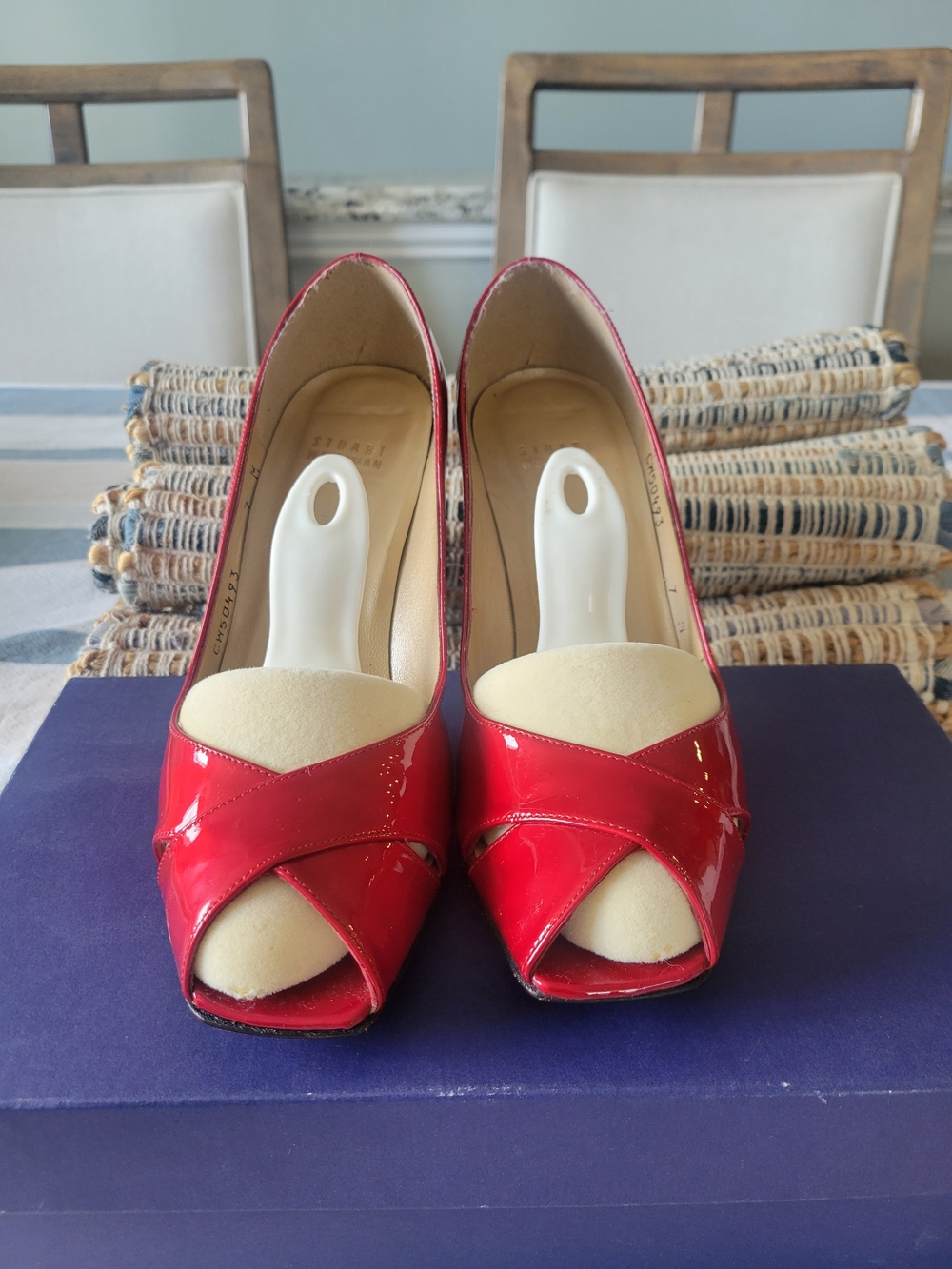 Stuart Weitzman Red Patent Open-Toe Pumps